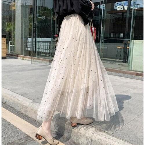 2021 Summer New Elastic High Waist Slim Simple Pink Star Gauze Skirt Casual Loose Women A-line Pleated Long Skirt Free Shipping