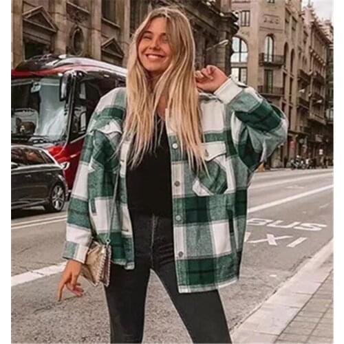 Autumn New Thick Frosted Loose Shirt Contrast Color Stitching Plaid Warm Shirt Long Sleeve Cardigan Buttoned Loose Shirt Women