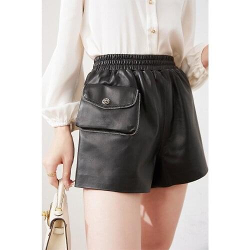 Leather sheepskin 2021 autumn new wide leg loose high waist slim pocket leather elastic shorts ladies dropshipping streetwear