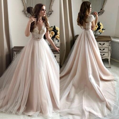 Elegant Lace Wedding Dress Vestido De Novia A Line Bridal Dress V-Neck Short Sleeve Applique Tulle Wedding Gown Свадебное Платье