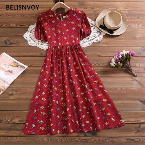 2021 New Mori Girl V-neck Chiffon Elegant Dresses Women Summer Puff Sleeve Kawaii Floral Printed Sundress Beach Loose Midi Dress