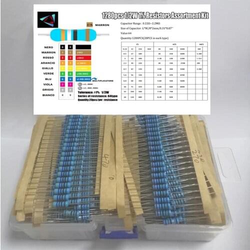 1280pcs 1/2W 1% 0.22-2.2M ohm 64 values Metal Film Resistors Assortment Kit