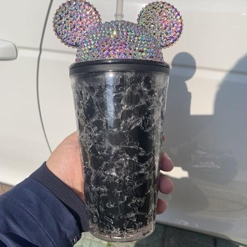 500ML Mug Cute Mickey Plastic Cup Diamond Broken Ice Cup Rhinestone Cup Cute Simple Water Cup Straw Creative Double Cup