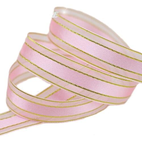 5/8'' (15mm) Pink Gold Edge Satin Ribbon high quality gift packaging wedding ribbons