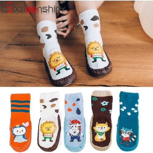 Balleenshiny Cartoon Animals Baby Socks Cotton Lion Zebra Penguin Baby Toddler Shoes Waterproof Antiskid Newborn First Walker