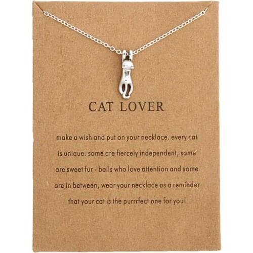 DoreenBeads Fashion Animal Cat With Card Necklace For Women Jewelry Silver Cute Cat Lover Necklace For Girlfriend Daily Gift
