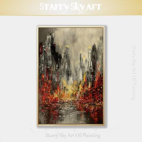 Artist Handmade Large Canvas Acrylic Painting Abstract City Building Skyscrapers Acrylic Painting Abstract City Canvas Painting