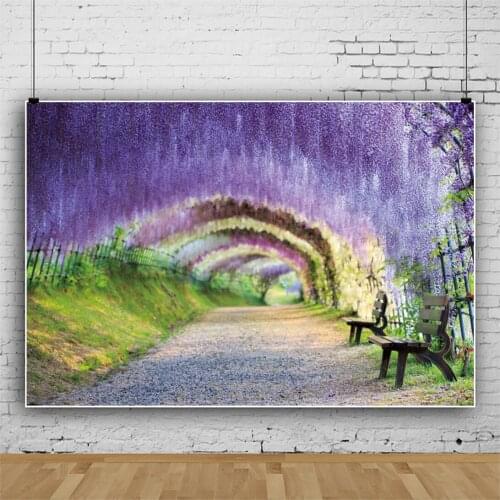 Laeacco Nature View Purple Flower Backgrounds Green Park Shrub Grass Bench Archway Child Photocall Banner Photography Backdrop