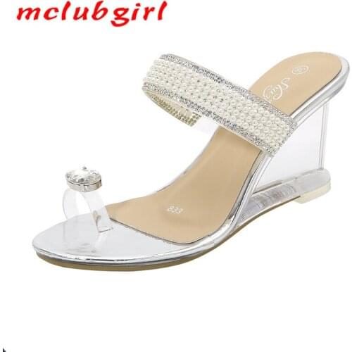 Mclubgirl 2020 Pearl Slope Heel New Sexy Crystal Transparent High Heels Glass Rhinestone Slope Heel Sandals Female LFD
