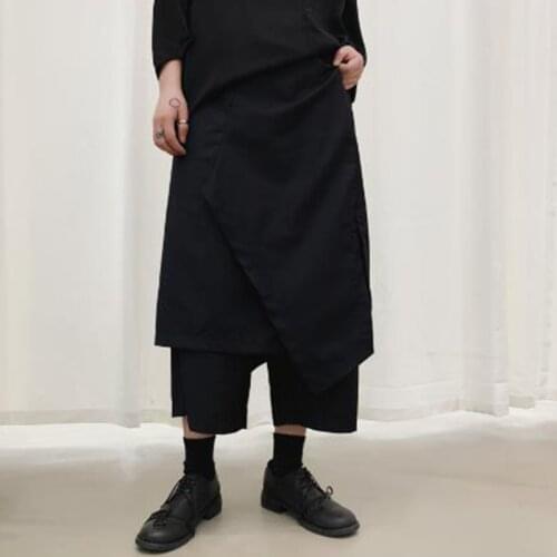 Men Fake 2 Piece Spliced Loose Casual Black Wide Leg Skirt Pants Male Hip Hop Punk Gothic Harem Trousers Kimono Pants