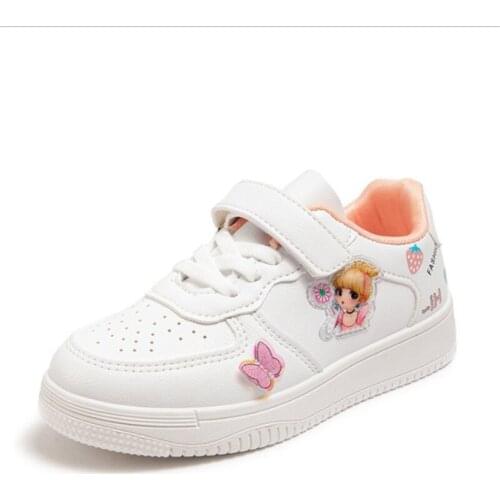 2021 New Girl Cartoon White Shoes Children Fashion Leather and Waterproof Casual Lightweight Breathable Soft Sport Running Shoe