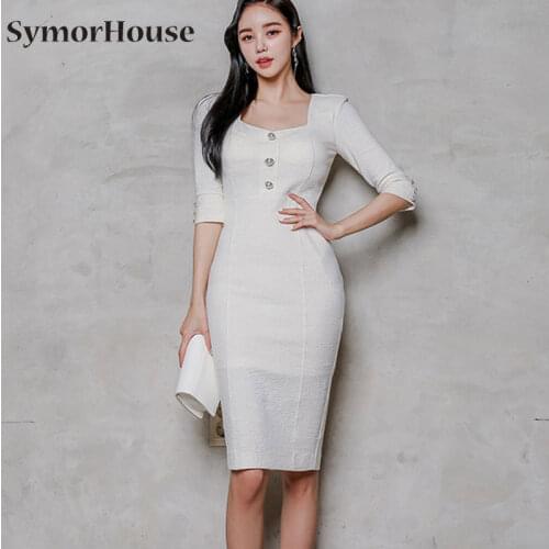 New White Formal Party Dress Elegant Square-neck Half Sleeve Bodycon Pencil Dress with Slit Business Work Spring Autumn