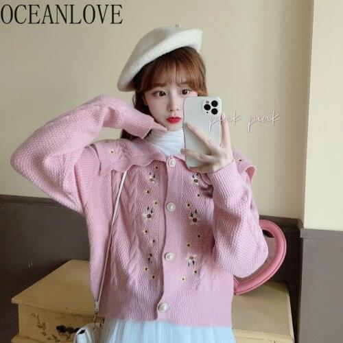 OCEANLOVE Floral Cardigans Sweet Embroidered Kawaii Japan Style Peter Pan Collar Winter Clothes Women Vintage Autumn Sweaters