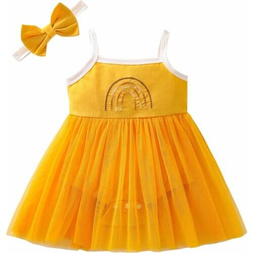 Baby Girl’s Casual Suspender Romper Fresh Rainbow Embroidery Mesh Jumpsuits and Headband