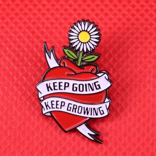 Keep going keep growing sunflower enamel pin a daisy growing out of heart brooch positive pins recovery depression anxiety badge