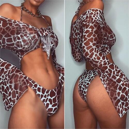 Sexy Leopard Print Bikini Long Sleeve Bikini Set for Beack 2020 New Fashion Bikini with Shawl