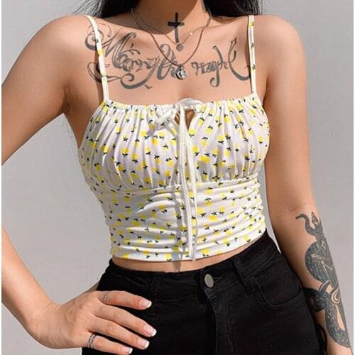 Sweet Floral Print Spaghetti Straps Ruched Cami Tops Girls Cute Milkmaid Cropped Sleeveless Front Bow Knot Vest Women Clothes