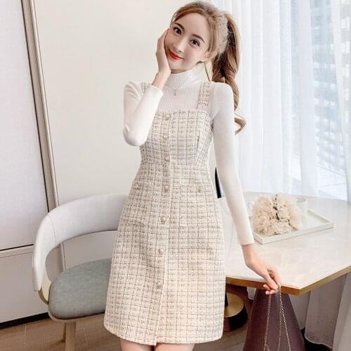 Spring and winter French style small fragrance basic vest spaghetti dress suit woolen suspender dress two-piece suit