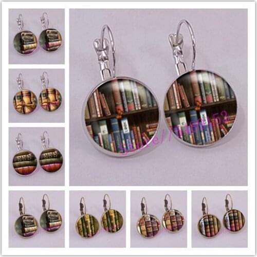 Library Books Fun Earrings Vintage Bookshelf Creative Print Glass Cabochon Long Earrings for Wmen Girl Books Nerd Brincos