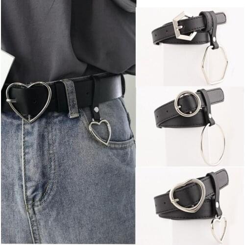 Female Fashion Round Buckle Waist Belt Metal Buckle Casual PU Leather Belt Clothes Accessories for Women Heart Ring Decorative