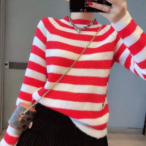 Runway Sweater Women Mohair Striped Sweater 2021 Autumn Fashion Ladies Jumpers Red Loose Pullover Knitwear Streetwear