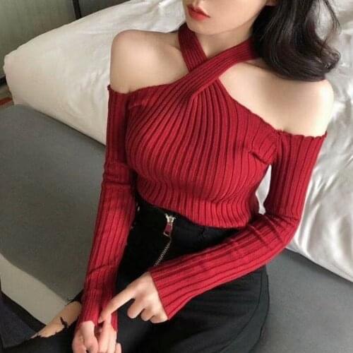 JMPRS Sexy Off Shoulder Women Sweater Halter Autumn Long Sleeve Knit Pullover Korean Slim Girl Jumper Solid Cross Short Tops