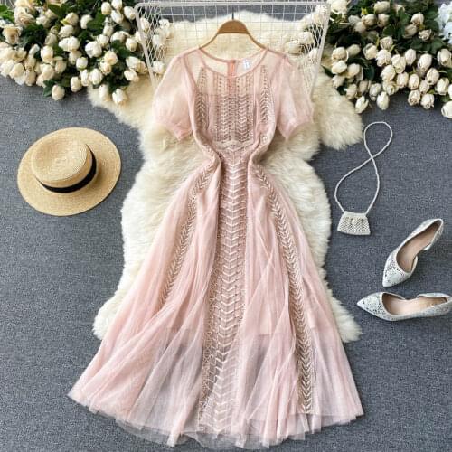 Designer Women 2021 Summer Round Neck Beading Dresses Elegant Short Sleeve High Waist Slim Embroidery A-Line Dress Vestidos