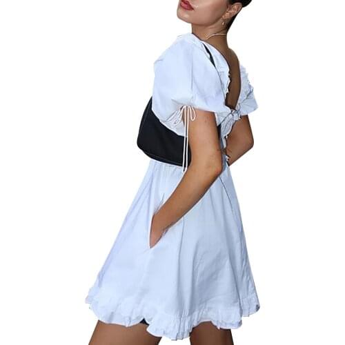 Womens Sweet Shorts Dress Ladies Solid Color Square Neck Dress A line Puff Short Sleeve High Waist Summer Party White Dresses