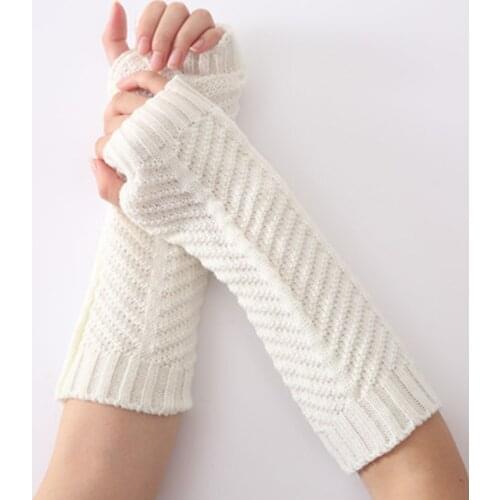 Winter Women Long Acrylic Warm Sleeves Mittens Female Stretch Fish Bone Skull Pattern Knit Half Finger Fingerless Gloves C72