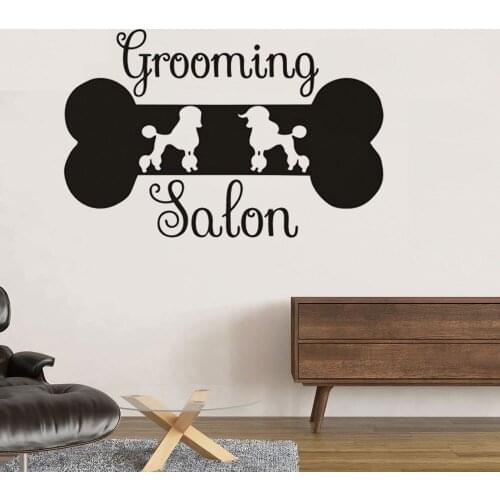 Pets Grooming Salon Sign Wall Decal Teddy Poodle Dog Grooming Wall Sticker Pet Store Decoration Bone Shape Vinyl Mural 3402