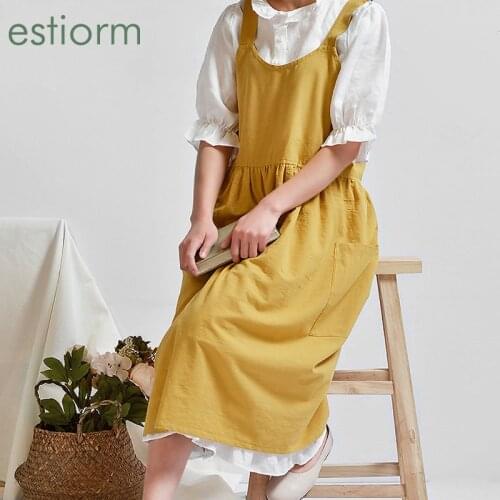 Soft Cotton Linen Apron Women Apron Pinafore Dress with pockets, Fashion Coffee Shop Florist Overalls Kitchen Apron For Cooking