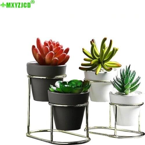 Iron Frame Ceramic Green Flower Pot Automatic Drainage Flower Pot Table Top Decoration Office Metal Shelf Ceramic Pot
