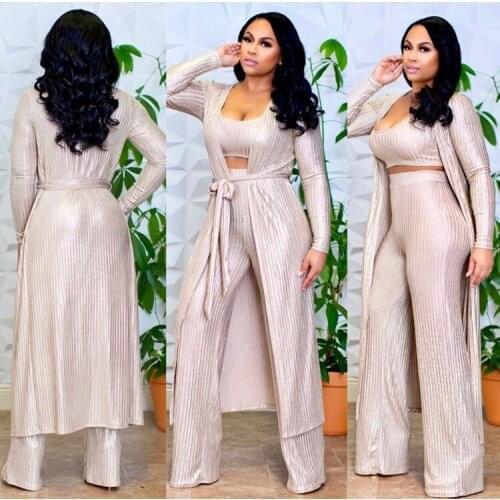 African Clothing 3 Pieces Set Women Crop Top Wide Pants Long Dress Fashion Elegant Long Sleeve Dresses for Lady Africa Clothing