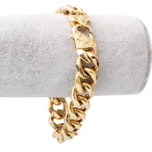 12/15MM Charming Bracelets For Men Women Gold Tone Stainless Steel Curb Cuban Chain Bracelet Bangle Party Jewelry Gift 7-11inch