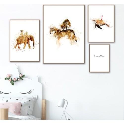 Elephant Wolf Turtle Lighthouse Pine Tree Wall Art Canvas Painting Nordic Posters And Prints Wall Pictures Baby Kids Room Decor