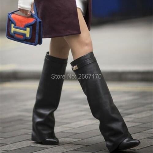 Celebrity New Fashion Suede/Leather Shoes Woman Pointed Toe Motorcycle Booties Belt Strap Metal Shark Lock Wedge Knee High Boots