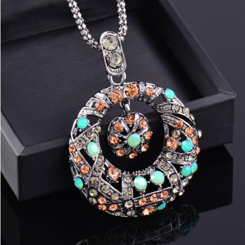 KIOOZOL 2021 New Arrival Vintage Colorful Crystal Pendant Black Silver Color Long Necklace for Women Jewelry 011 KO4