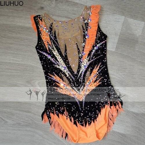 LIUHUO Girls Rhythmic Gymnastics Dress Women Orange Competition Dance Costume Teens Ice Skating Dress Female Dancewear Wholesale
