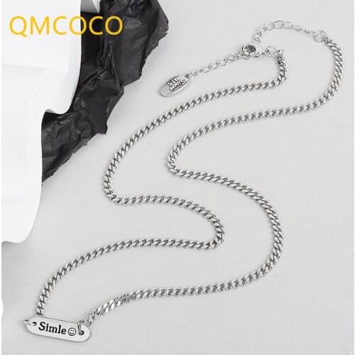 QMCOCO Thai Silver Smiley Face Necklace For Women Vintage Trendy Square Pendant Of Birthday Party Jewelry Gifts