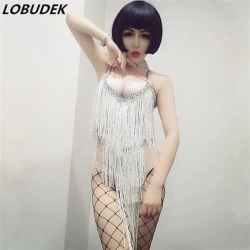 Sexy Sleeveless Crystals White Long Tassel Bodysuit Nightclub DJ Singer Dance Team Costume Latin Dance Fringe Clothes Stage Wear