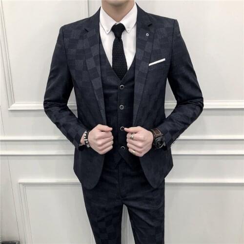 Wedding Suits for Men Wedding Men Tuxedo Mens Checkered Stitching Three-piece Suit Mens Suits 3 Piece Smart Casual Suits