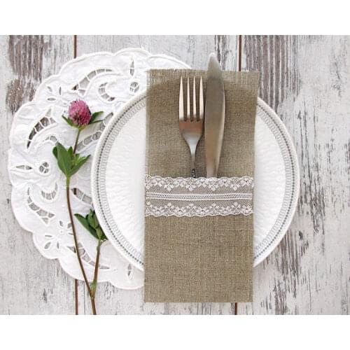 Lace line Rustic wedding silverware burlap cutlery holders pocket Anniversary Christmas banquet party table decorations