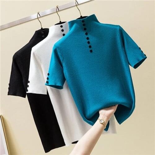 2021 Summer Vogue Knitted Button T shirt Women Turtleneck Short Sleeve Slim Solid Tee Shirt Femme Ladies Pullover Tshirt Tops
