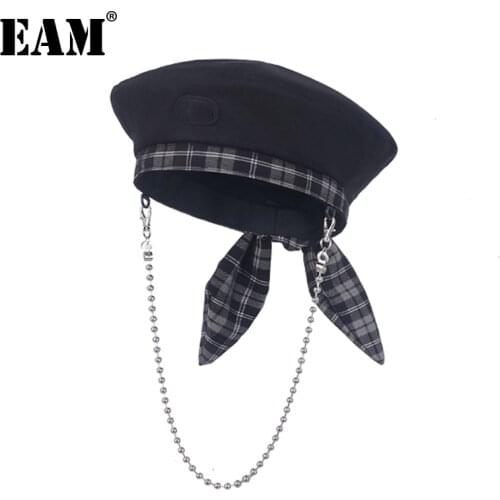 [EAM] Women Black Removable Chain Vintage Plaid Bow Fishermen Hat New Round Dome Temperament Fashion Tide All-match 18A3604