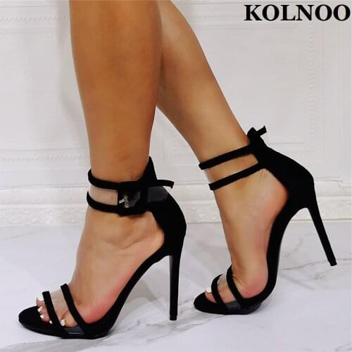 Kolnoo New Handmade Ladies Stiletto High Heel Sandals Buckle Strap Daily Wear Summer Shoes Large Size US5-15 Fashion Black Shoes