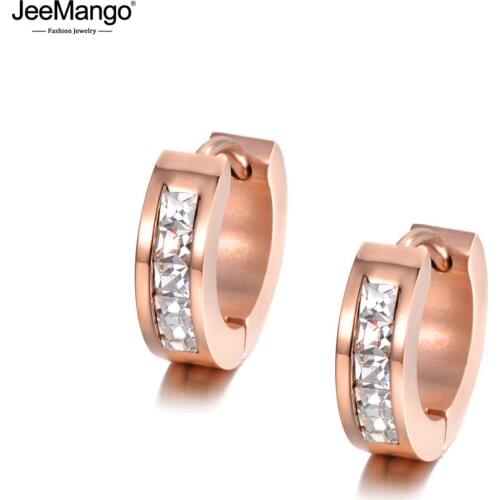 JeeMango Cubic Zirconia Hoop Earrings White Crystal Jewelry Stainless Steel Rose Gold Rhinestone Earrings For Women JE18484
