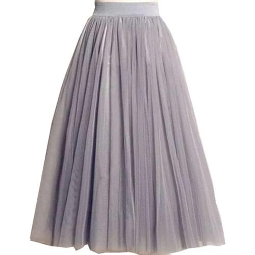 4 Layers Tulle Skirts Women 2017 Summer Elastic High Waist Lady Long Mesh Skirt Tutu Maxi Pleated Skirt Midi Faldas Saias AB071