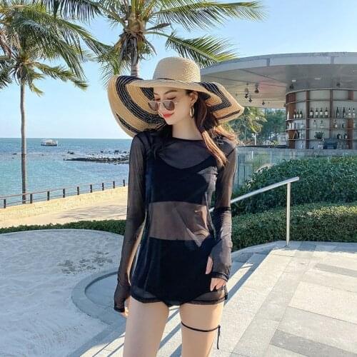 Womens Swimsuit Net Gauze Long-Sleeved Blouse Student Sexy Thin Belly-Covering Split Three-Piece Girl Hot Spring Beach Swimwear