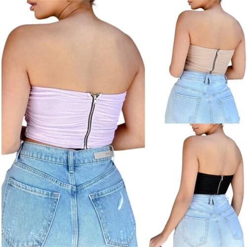 Women’s Sexy Exposed Navel Tube Tops Fashion Solid Color Back Zipper Pullover Strapless Tops 2021 New Fashion