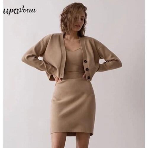 Free Shipping Fashion Ladies Knit Skirt 3-piece Set Elegant Long Sleeve Cardigan Jacket & Camisole & Tight Skirt Set Party Sets